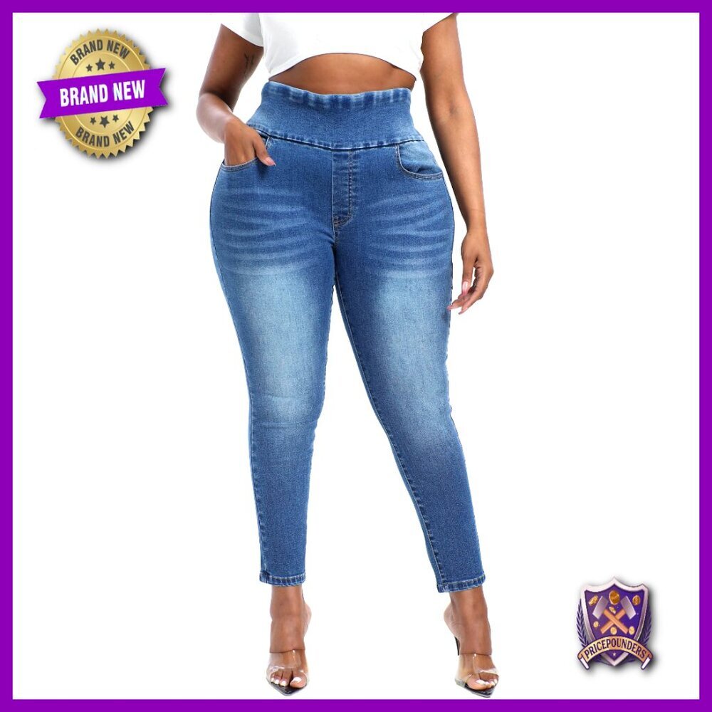 Plus Size Pull On Skinny Jeans High Waisted Stretchy Ankle Ripped Denim